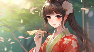 古风少女穿着红色古装墨色的发丝漫画插画