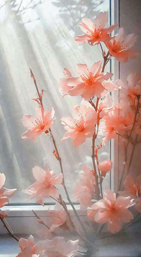 春天窗台粉色渐变鲜花，枝叶，春节立春(816x1488)