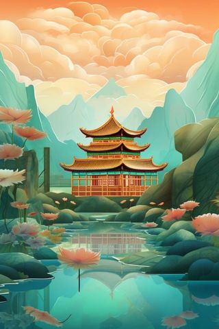 国潮国风夏季山水建筑背景