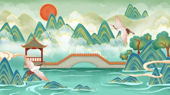 中国风国潮烫金仙鹤山水古建筑风景装饰插画背景PSD分层设计素材 中国风国潮烫金仙鹤山水古建筑风景装饰插画背景PSD分层设计素材