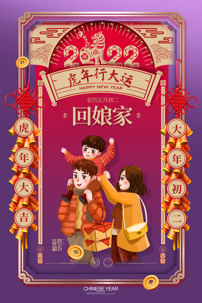 国潮大气大年初二春节新年系列海报psd模版下载