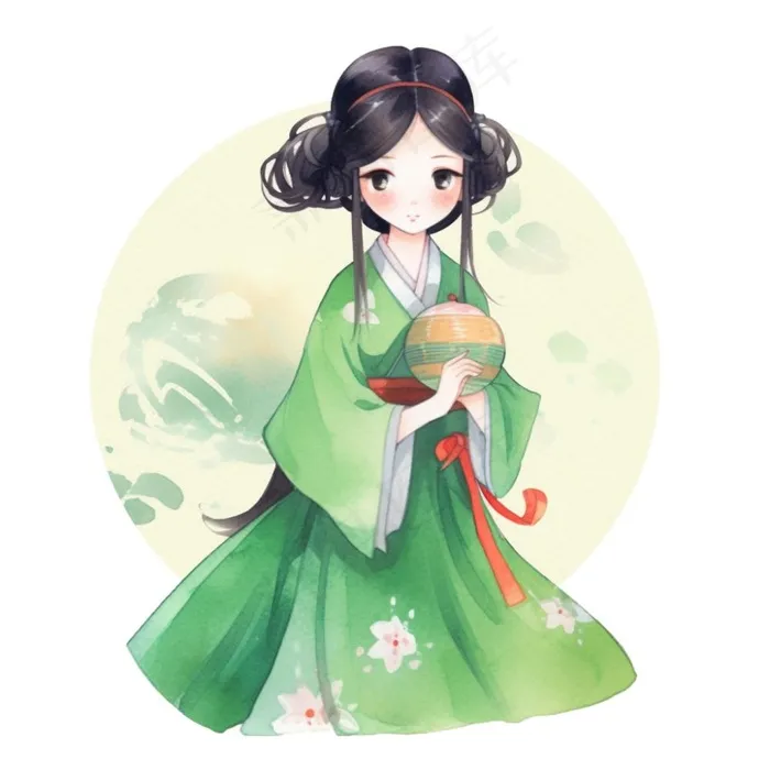 古装少女绿衣裙可爱插画免抠(1024x1024)