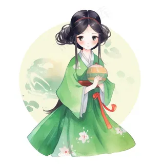 古装少女绿衣裙可爱插画免抠