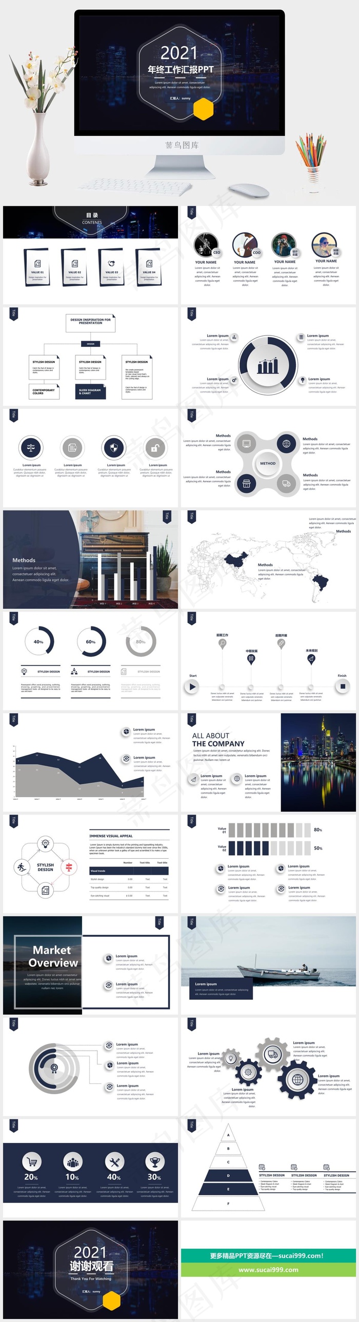 扁平简约大气商务蓝年终工作总结计划ppt模板