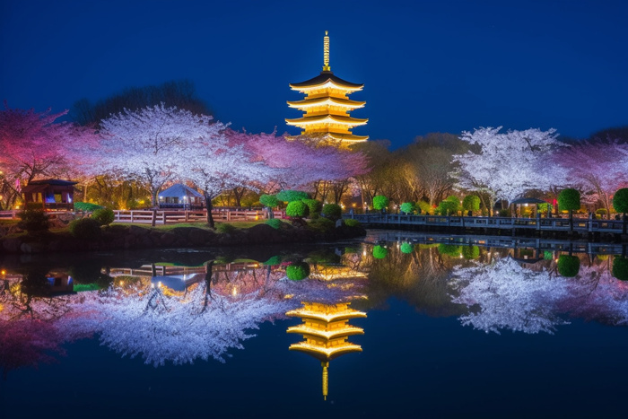 公园夜景发光的宝塔倒映在湖水里摄影图(5376x3584)