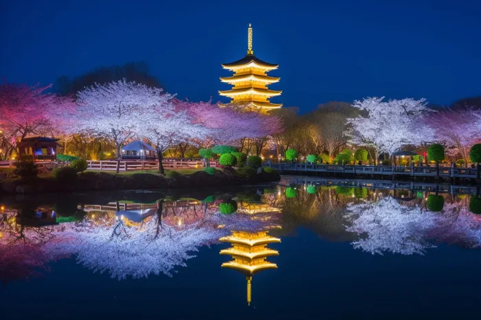 公园夜景发光的宝塔倒映在湖水里摄影图(5376x3584)