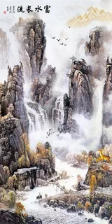 流水生财风景字画高清分辨率喷绘打印办公室挂画素材山水花草