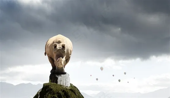 站在山顶最高处的犀牛高清图片