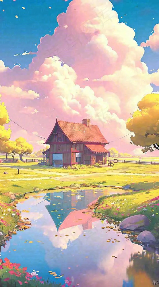 蓝天草坪上小屋房子在河流旁，河面倒影(816x1472)