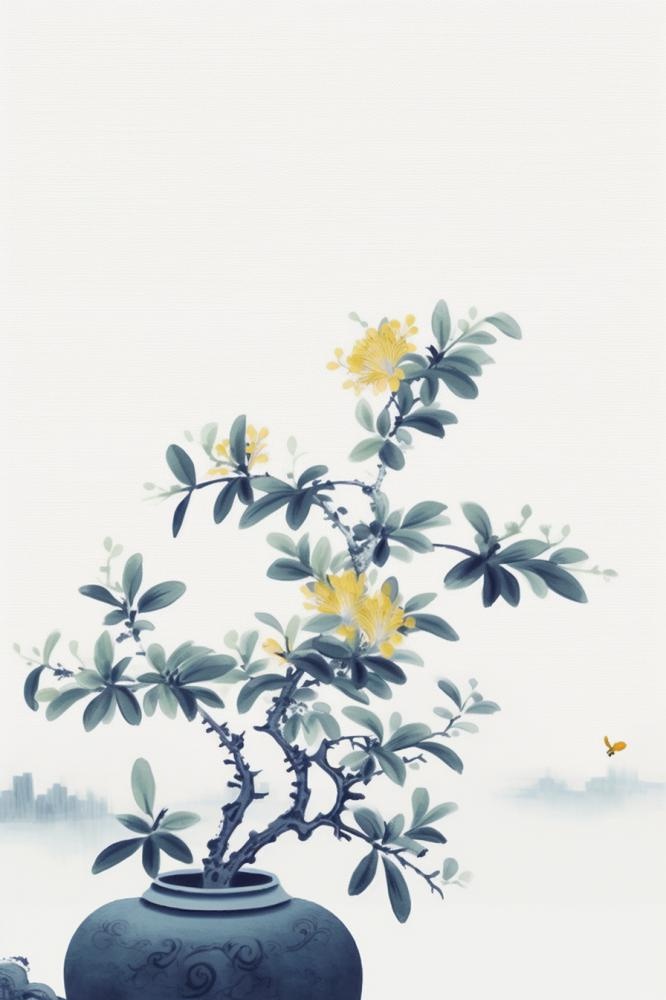 中国风简约淡雅蓝色枝叶背景