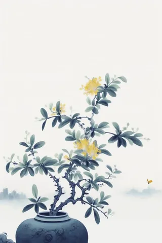 中国风简约淡雅蓝色枝叶背景