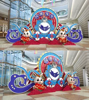 红蓝2023年创意中国风国潮兔年美陈造型