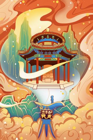 中国风国潮古建筑地标城市古风建筑阁楼印象地标手绘插画PSD素材