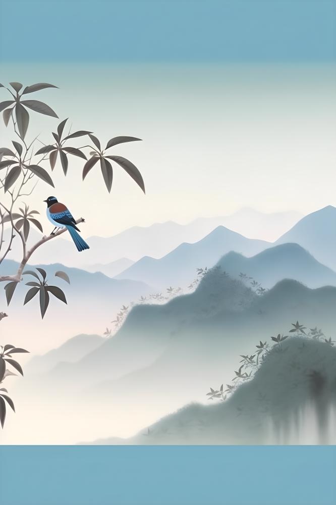 古风山水画迎客松鸟水墨画背景