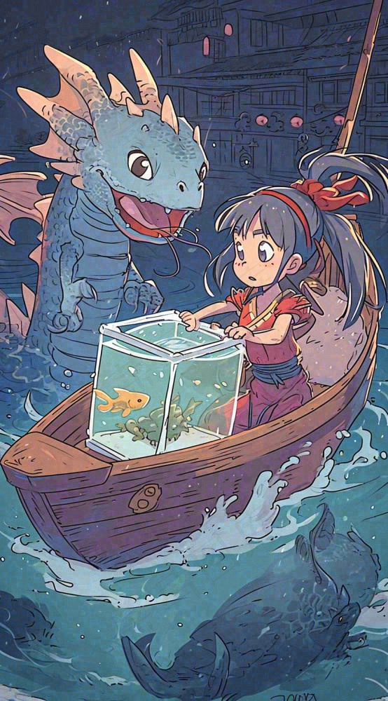 创意卡通古风河面人物游船，夜晚龙灯笼光照，海浪水面