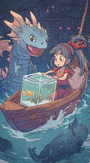 创意卡通古风河面人物游船，夜晚龙灯笼光照，海浪水面