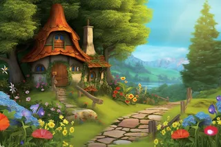 森林里的小房子门前花丛草地石子路卡通插画素材背景