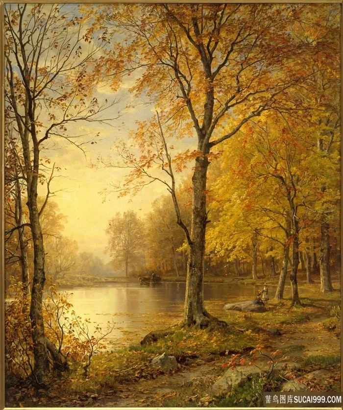 小阳春湖畔美景油画图片