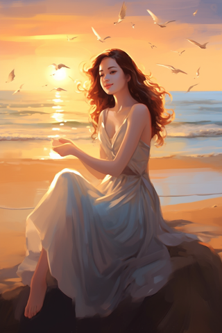 夕阳下少女坐着沙滩上海浪海鸥插画素材背景