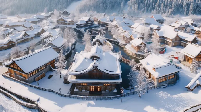 冬天白雪覆盖的小村庄雪景摄影图(4368x2448)