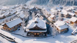 冬天白雪覆盖的小村庄雪景摄影图