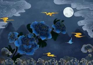 国潮鎏金复古烫金国风孔雀仙鹤装饰画素材PSD