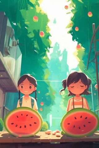 夏日卡通插画儿童吃西瓜动漫风背景