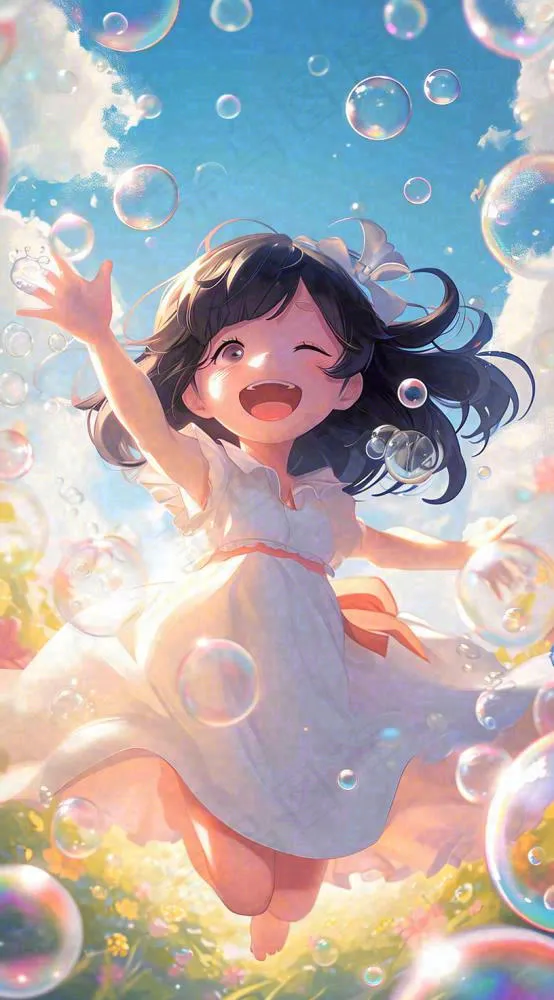 春天夏天女孩草地玩耍，阳光白云气泡可爱插画(816x1472)