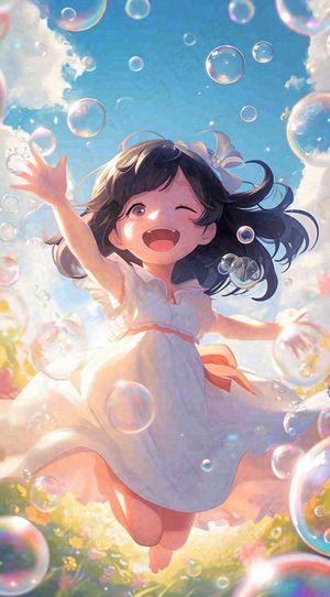 春天夏天女孩草地玩耍，阳光白云气泡可爱插画