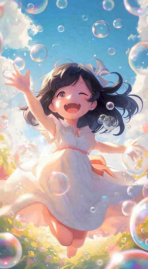 春天夏天女孩草地玩耍，阳光白云气泡可爱插画