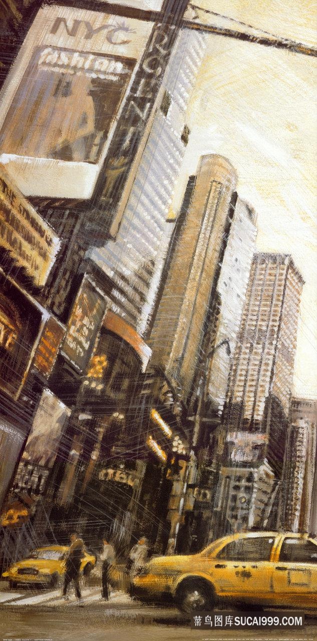 小黄车建筑高楼油画风景画