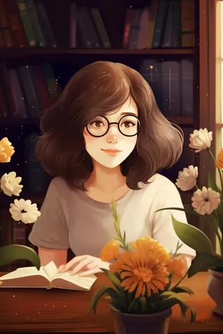 戴眼镜教师书籍鲜花暗黄色背景