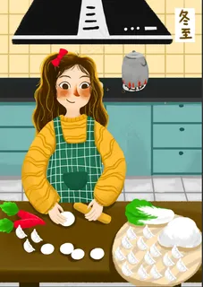 冬至插画可爱女孩包水饺