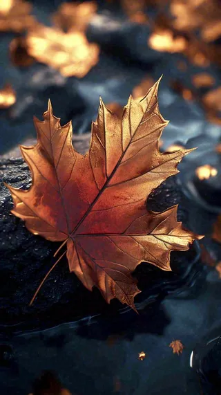 秋天水面水珠落叶黄色秋叶，故事感秋分