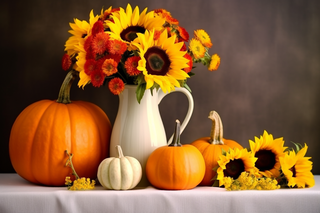 餐桌桌布上花瓶的向日葵菊花金黄色南瓜摄影图