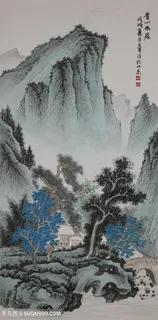 王军河工笔山水青绿山水传统山水皴法国画界画鬼脸皴《青山幽居》