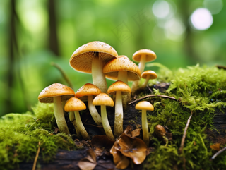 森林蘑菇枯木树干青苔苔藓摄影图