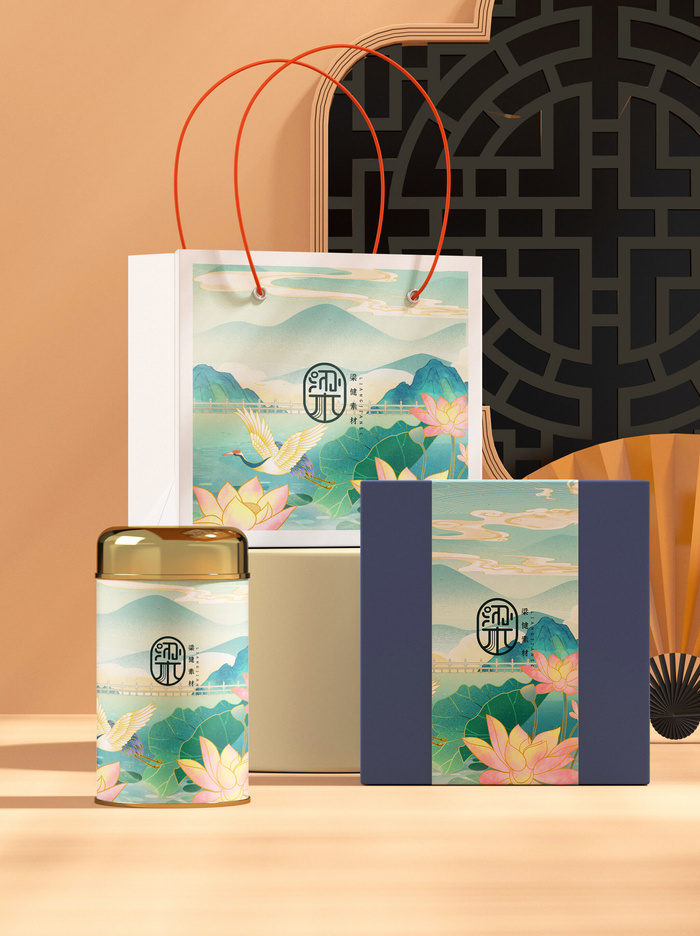 国风高档茶叶包装盒袋罐瓶LOGO标贴展示VI智能贴图样机PSD素材psd模版下载