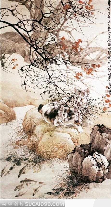 水墨画花猫图