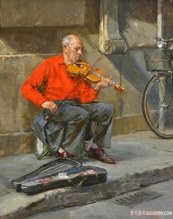 街头街道拉小提琴的男士风景画