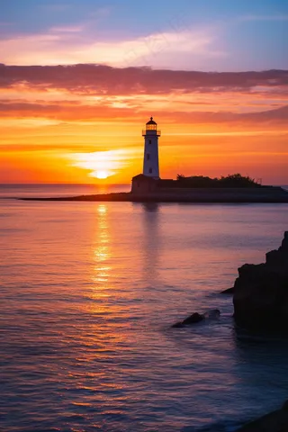 海边晚霞的灯塔日出夕阳摄影图