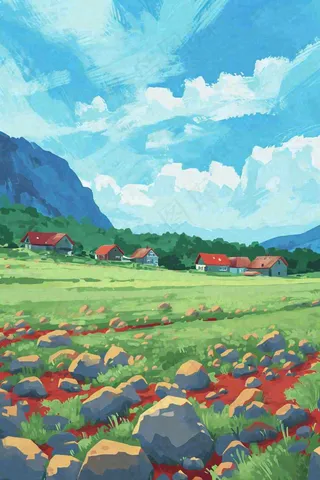 春天郊外绿地草地山脉石头插画手绘，惊蛰春分