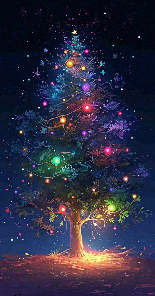 圣诞节彩色圣诞树缤纷鲜艳夜晚灯光(800x1520)