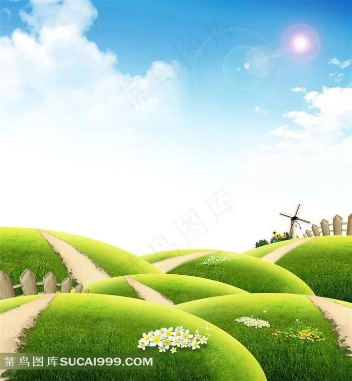 蓝天白云下的草地风景图片