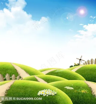 蓝天白云下的草地风景图片