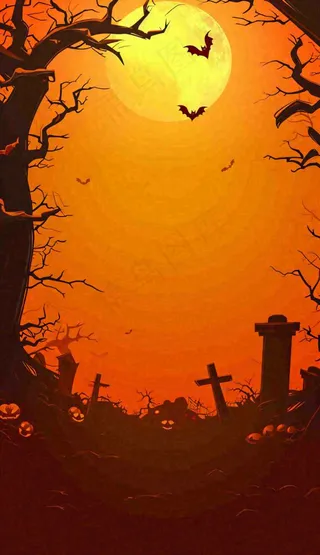 万圣节夜晚恐怖树枝橙黄色暗黑，西方节日