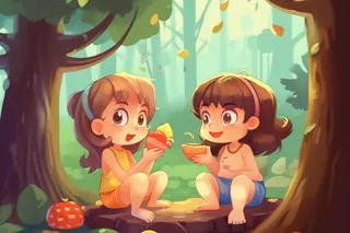 小孩森林夏日吃零食背景