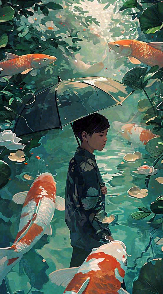 中国风金鱼喝水荷叶少年锦鲤手绘插画