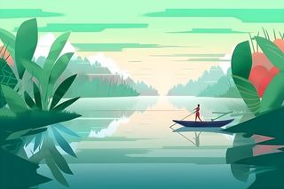 湖上划船绿色植物湖水水墨画背景