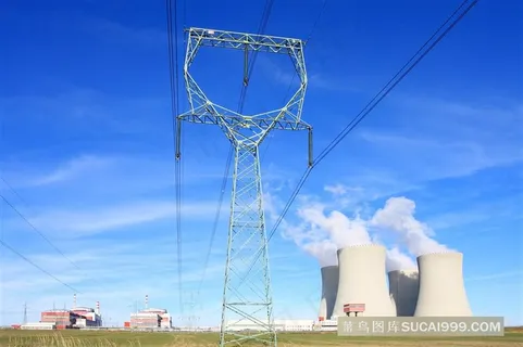 蓝天下的电缆线和工业烟囱高清图片 蓝天下的电缆线和工业烟囱高清图片